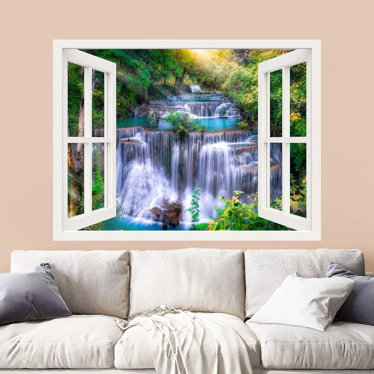 wall26 Removable Wall Sticker/Wall Mural Window View Majestic Sunshine Forest Waterfall Rapids Nature Wilderness Photography Realism Landscape Multicolor for Living Room, Bedroom, Office - 36"x48"