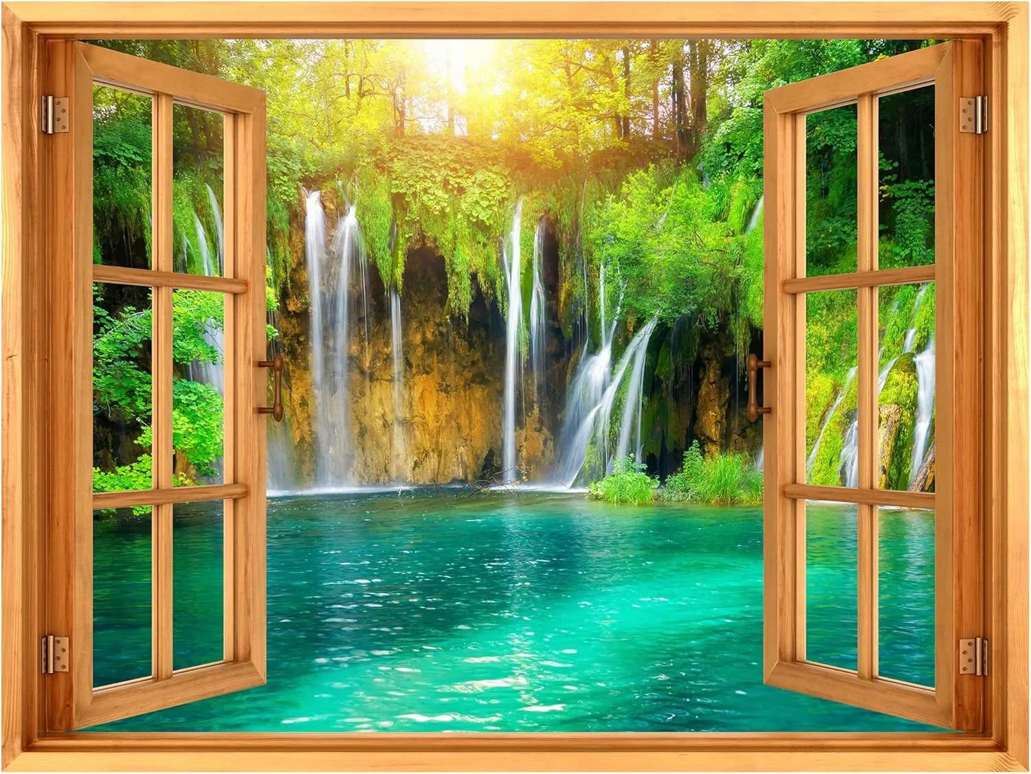 wall26 Removable Wall Sticker/Wall Mural Window View Summer Sunlight Waterfall Forest Lake Wilderness Nature Photography Realism Rustic Landscape Colorful for Living Room, Bedroom, Office - 36"x48"
