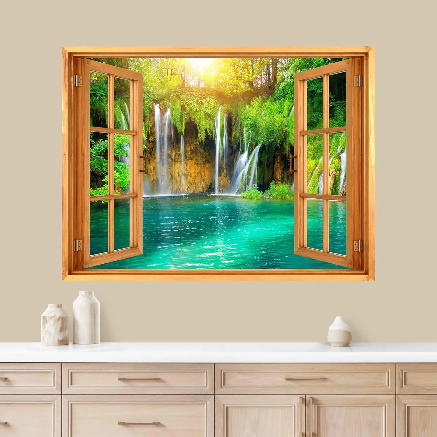 wall26 Removable Wall Sticker/Wall Mural Window View Summer Sunlight Waterfall Forest Lake Wilderness Nature Photography Realism Rustic Landscape Colorful for Living Room, Bedroom, Office - 36"x48"