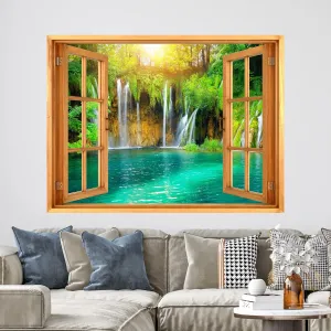 wall26 Removable Wall Sticker/Wall Mural Window View Summer Sunlight Waterfall Forest Lake Wilderness Nature Photography Realism Rustic Landscape Colorful for Living Room, Bedroom, Office - 36"x48"