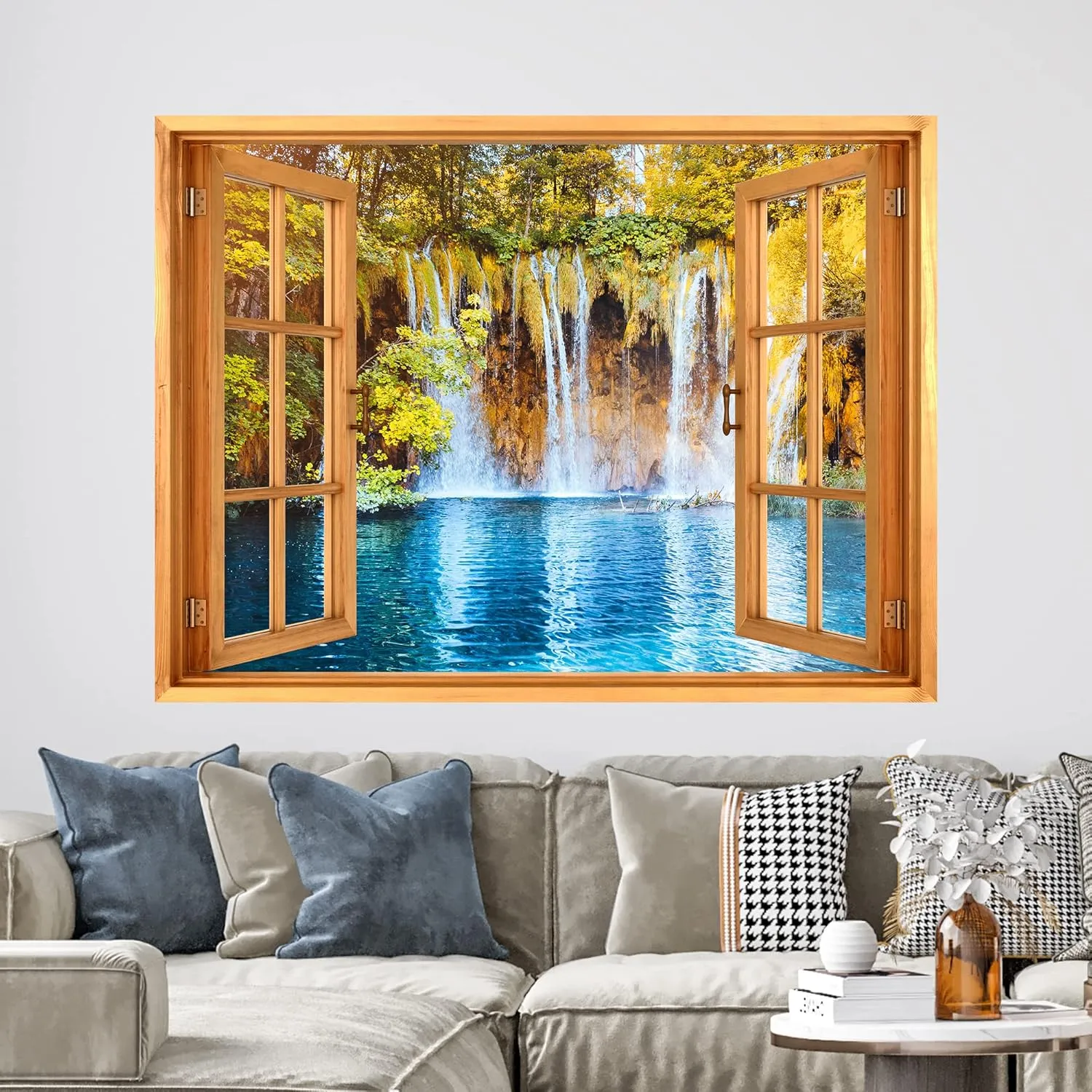 wall26 Removable Wall Sticker/Wall Mural Window View Tropical Autumn Mountain Waterfall Lake Nature Wilderness Photography Realism Landscape Multicolor for Living Room, Bedroom, Office - 24"x32"