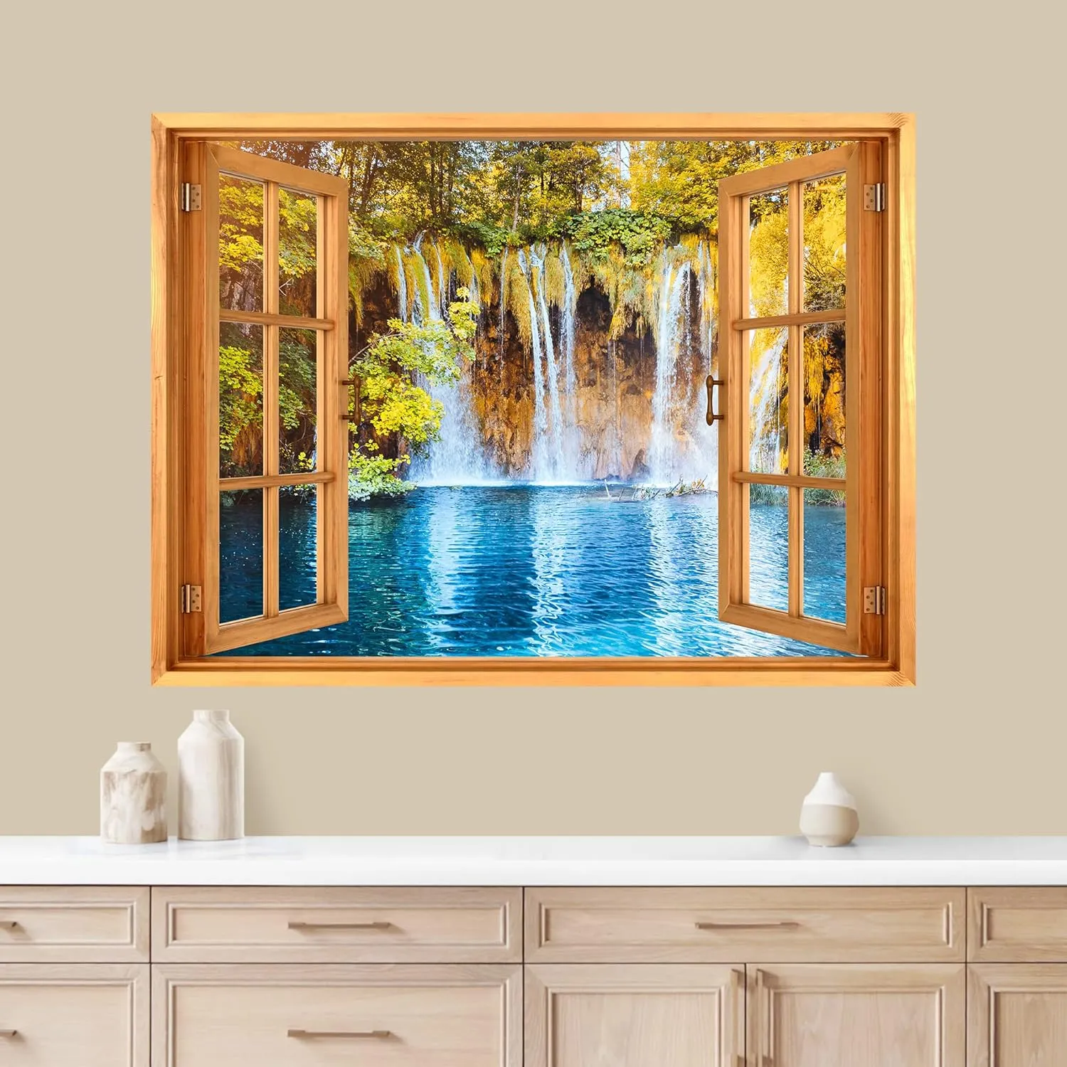 wall26 Removable Wall Sticker/Wall Mural Window View Tropical Autumn Mountain Waterfall Lake Nature Wilderness Photography Realism Landscape Multicolor for Living Room, Bedroom, Office - 24"x32"