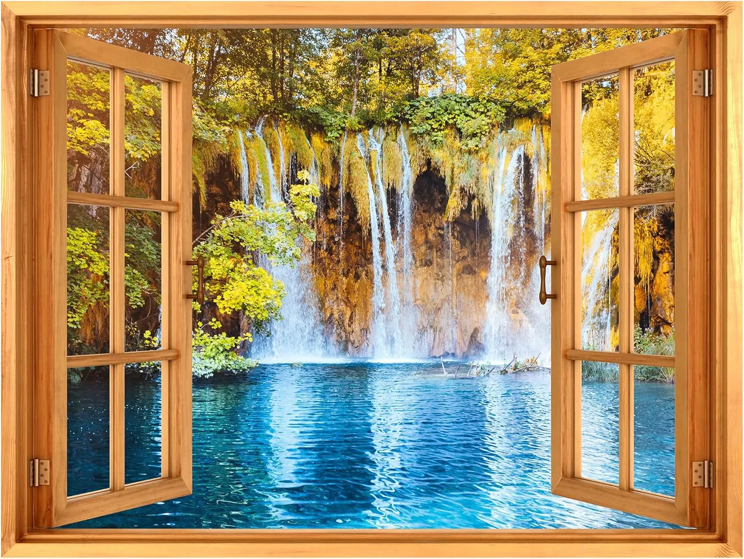 wall26 Removable Wall Sticker/Wall Mural Window View Tropical Autumn Mountain Waterfall Lake Nature Wilderness Photography Realism Landscape Multicolor for Living Room, Bedroom, Office - 24"x32"