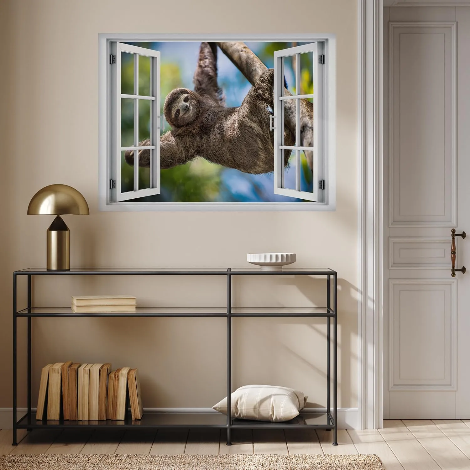 wall26 Removable Wall Sticker/Wall Mural Window View Tropical Jungle Tree Brown Sloth Animals Nature Photography Realism Wildlife Wilderness Portrait for Living Room, Bedroom, Office - 24"x32"