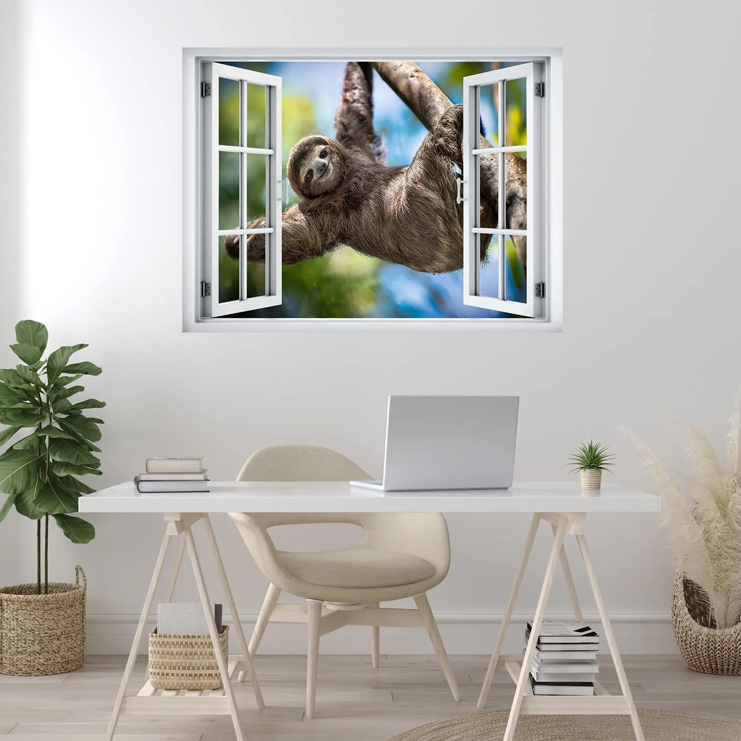 wall26 Removable Wall Sticker/Wall Mural Window View Tropical Jungle Tree Brown Sloth Animals Nature Photography Realism Wildlife Wilderness Portrait for Living Room, Bedroom, Office - 24"x32"