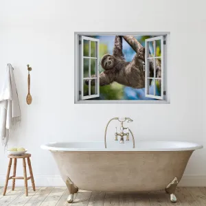 wall26 Removable Wall Sticker/Wall Mural Window View Tropical Jungle Tree Brown Sloth Animals Nature Photography Realism Wildlife Wilderness Portrait for Living Room, Bedroom, Office - 24"x32"