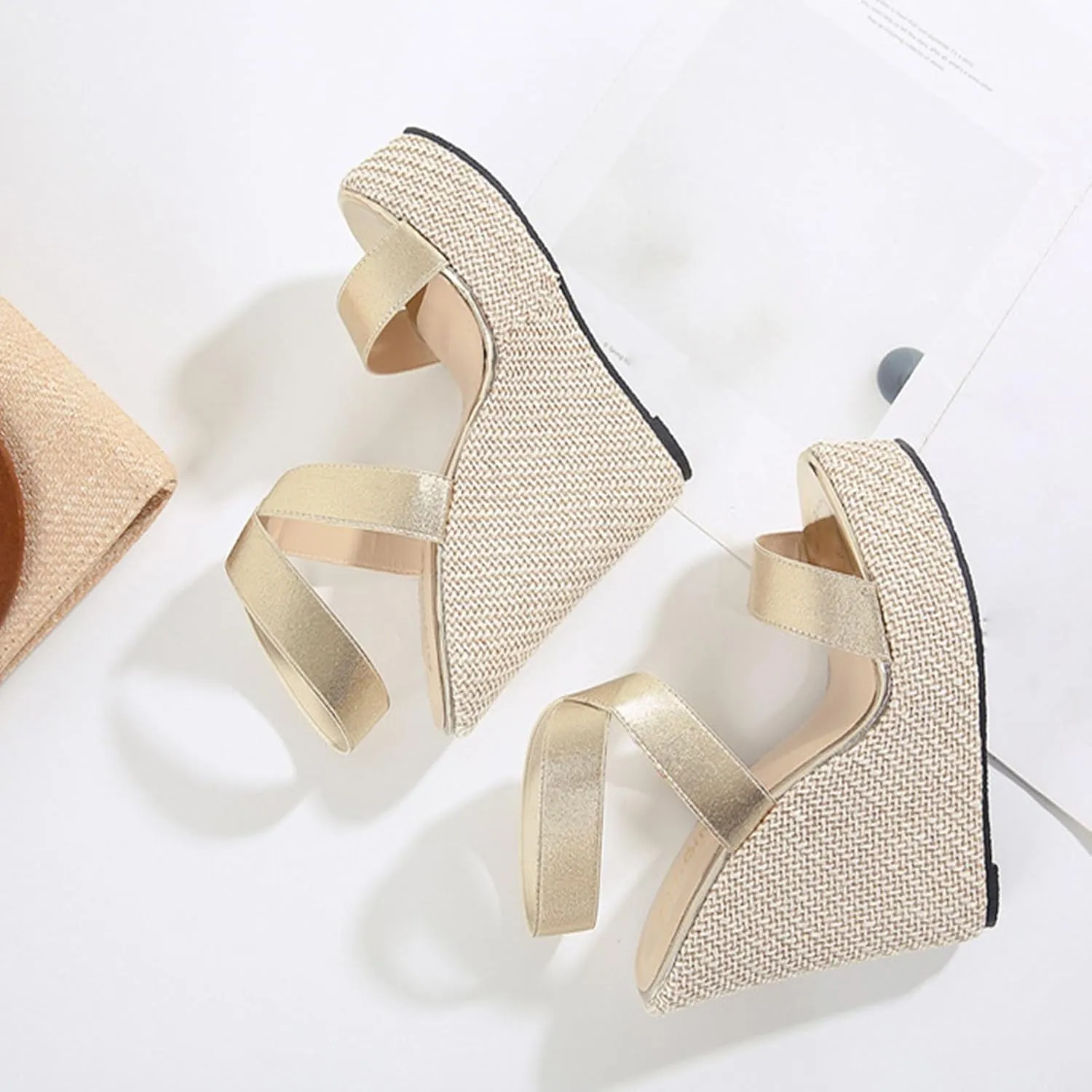 Wedges Platform Sandals for Women, Open Toe Straw Crochet Heels Sandals Ankle Strap Espadrille Adjustable High Shoes 14.5CM