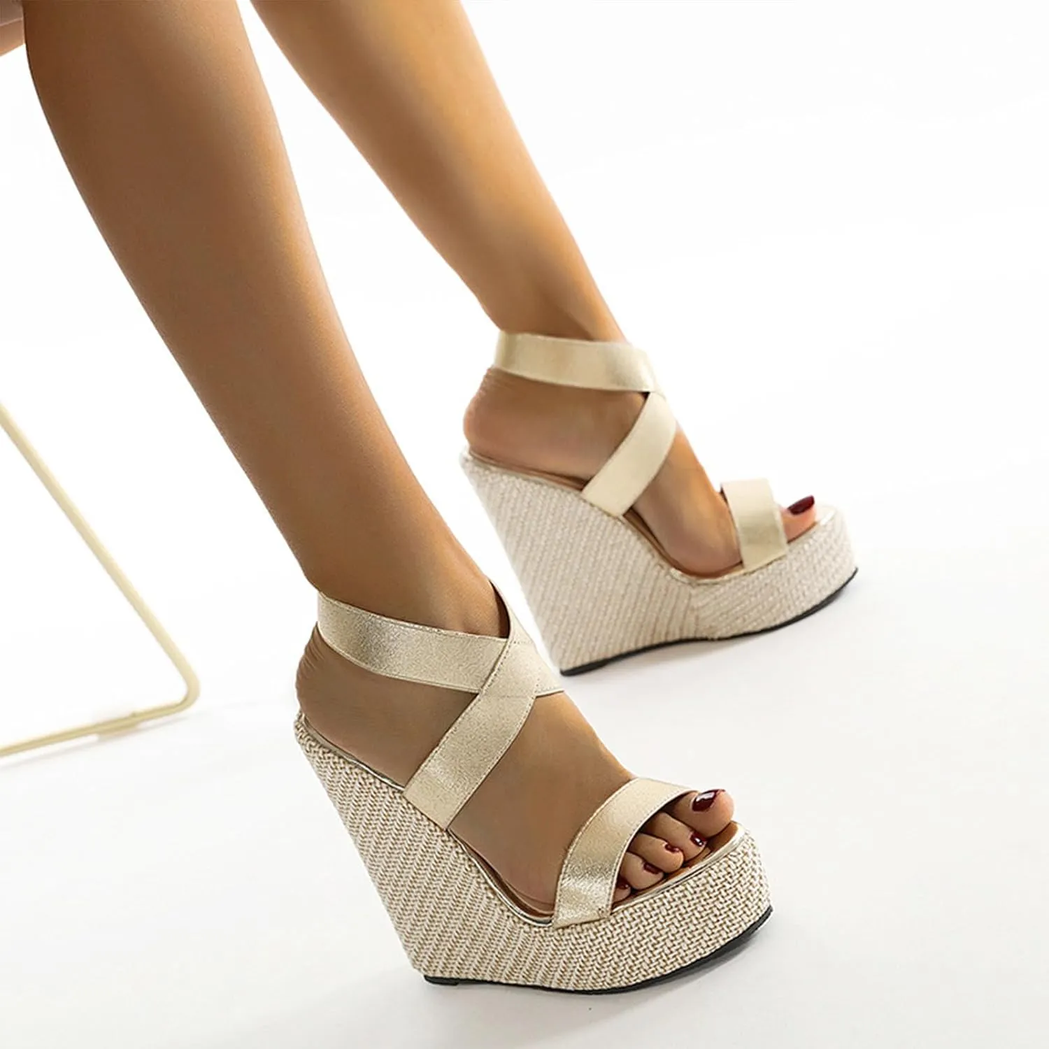 Wedges Platform Sandals for Women, Open Toe Straw Crochet Heels Sandals Ankle Strap Espadrille Adjustable High Shoes 14.5CM