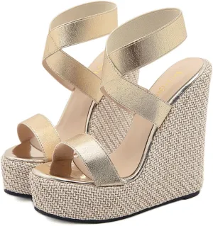 Wedges Platform Sandals for Women, Open Toe Straw Crochet Heels Sandals Ankle Strap Espadrille Adjustable High Shoes 14.5CM
