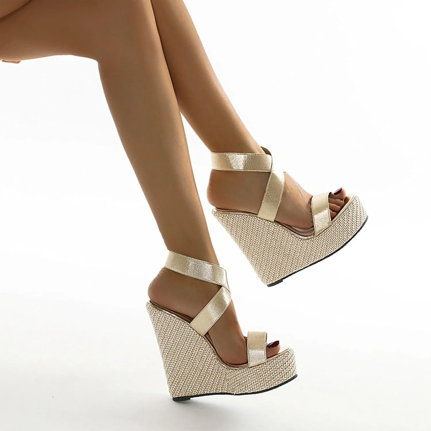 Wedges Platform Sandals for Women, Open Toe Straw Crochet Heels Sandals Ankle Strap Espadrille Adjustable High Shoes 14.5CM