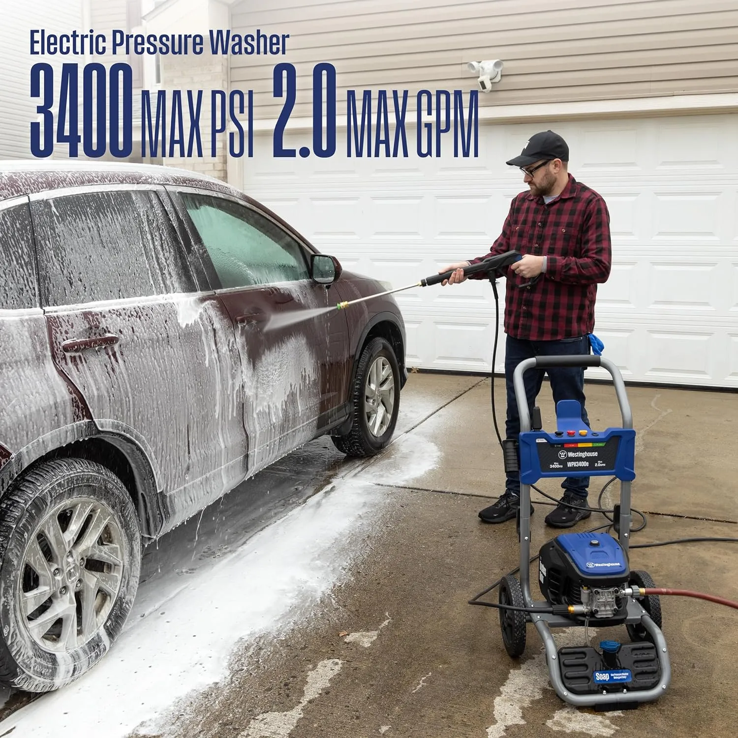 Westinghouse WPX3400e Electric Pressure Washer, 3400 Max PSI and 2.0 Max GPM, Brushless Motor, Onboard Soap Tank, Spray Gun and Wand, 5 Nozzle Set, for Cars/Fences/Driveways/Homes/Patios/Furniture