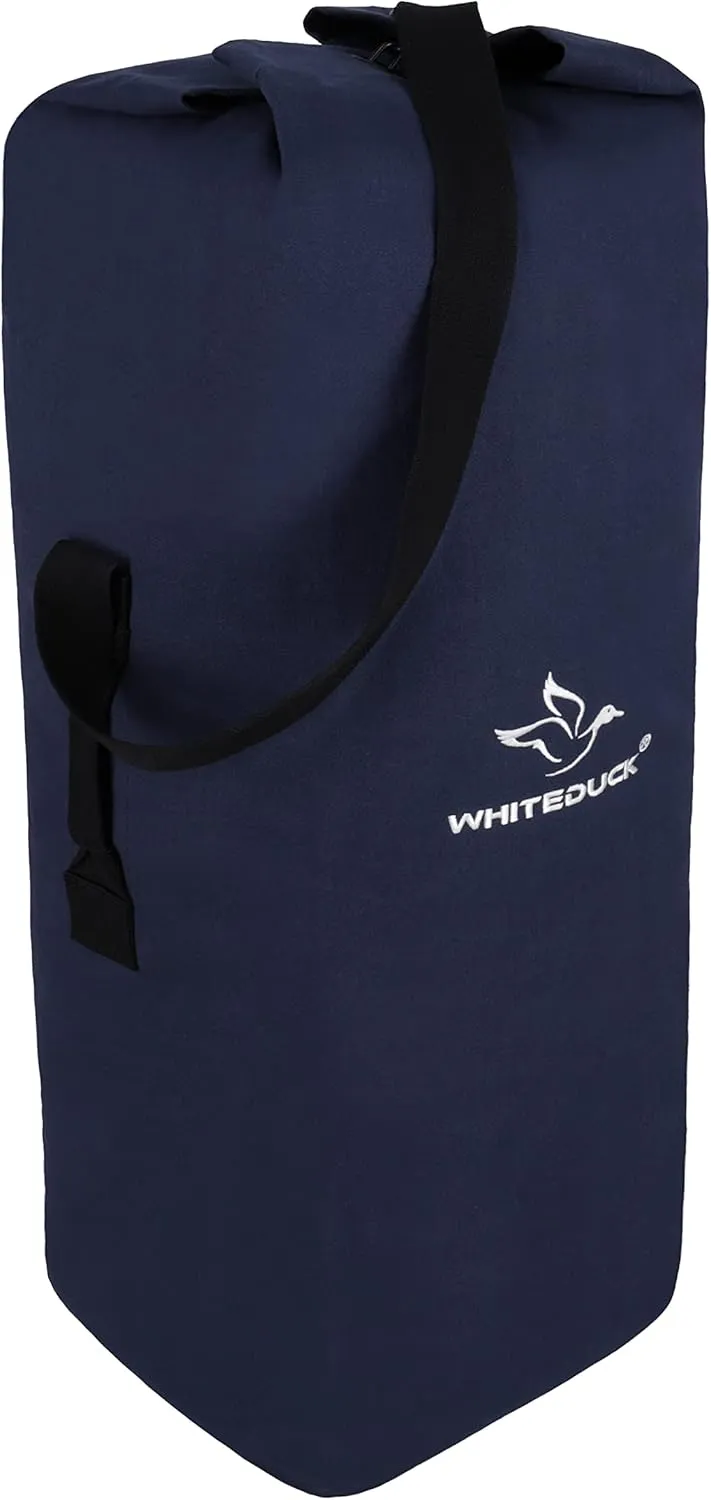 WHITEDUCK Top Load Canvas Folding Duffel Bag, Water Resistant Army Style Shoulder Bag for Men and Women- Gym, Sports, Travel, Hiking, Camping, Backpacking (Extra Large 30" x 50",Blue)