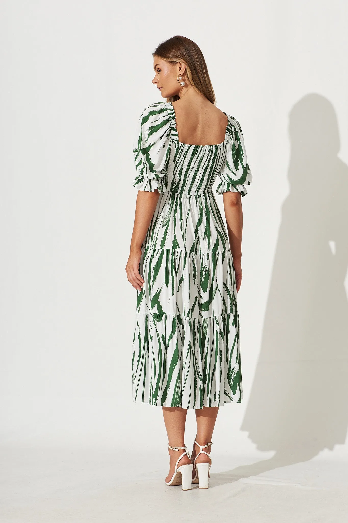 Whitsundays Midi Dress In White With Green Brush Stoke Print