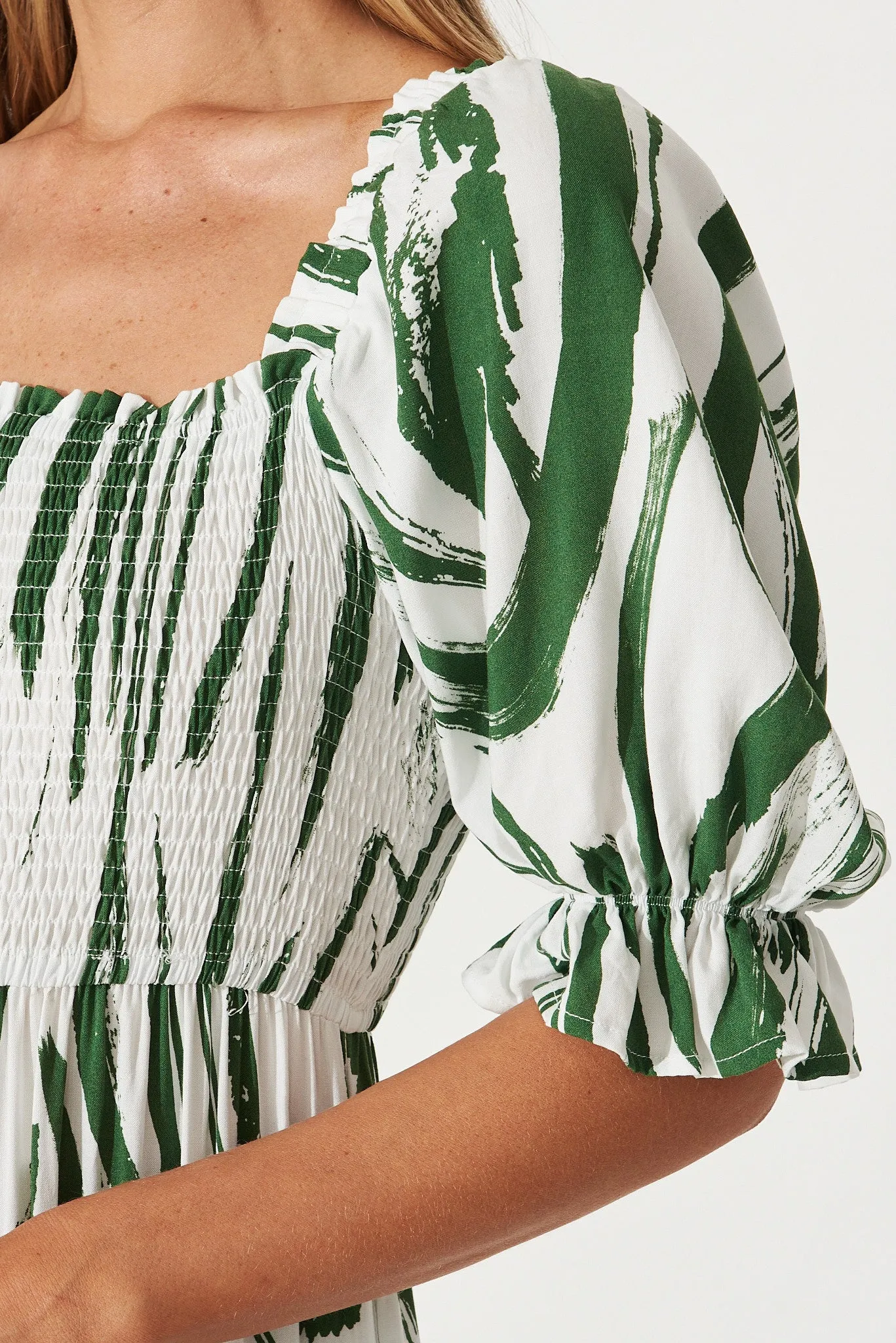 Whitsundays Midi Dress In White With Green Brush Stoke Print