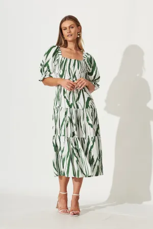 Whitsundays Midi Dress In White With Green Brush Stoke Print