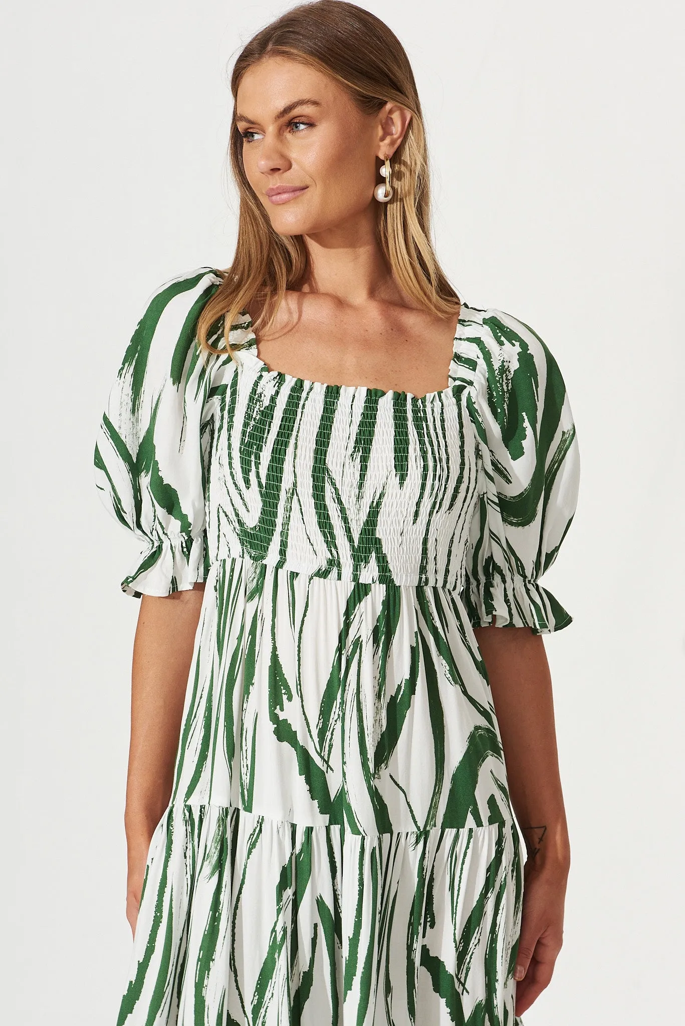 Whitsundays Midi Dress In White With Green Brush Stoke Print