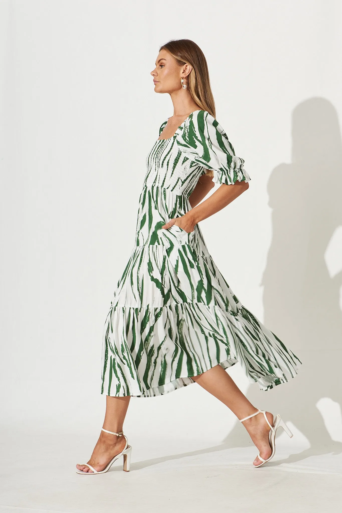 Whitsundays Midi Dress In White With Green Brush Stoke Print