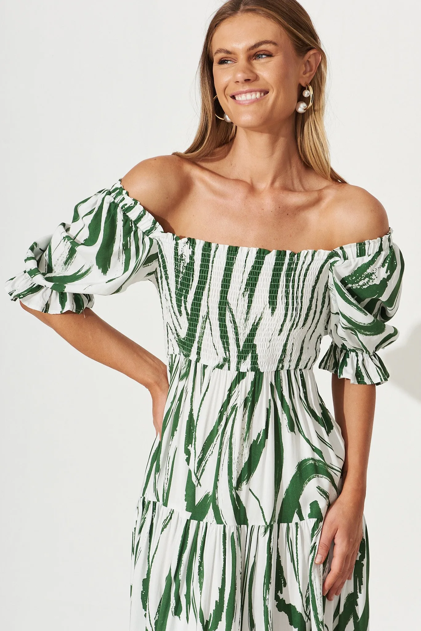 Whitsundays Midi Dress In White With Green Brush Stoke Print