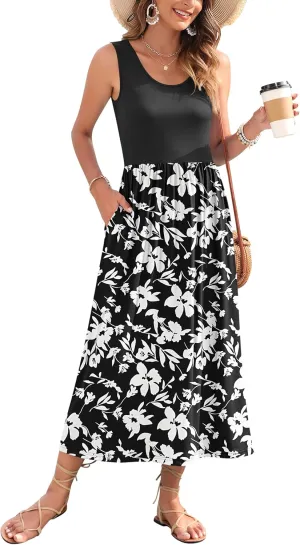 WNEEDU Women's Summer Maxi Dress 2025 Casual Sleeveless Hawaiian Sundress Tropical Long Dress Beach Vacation Outfit