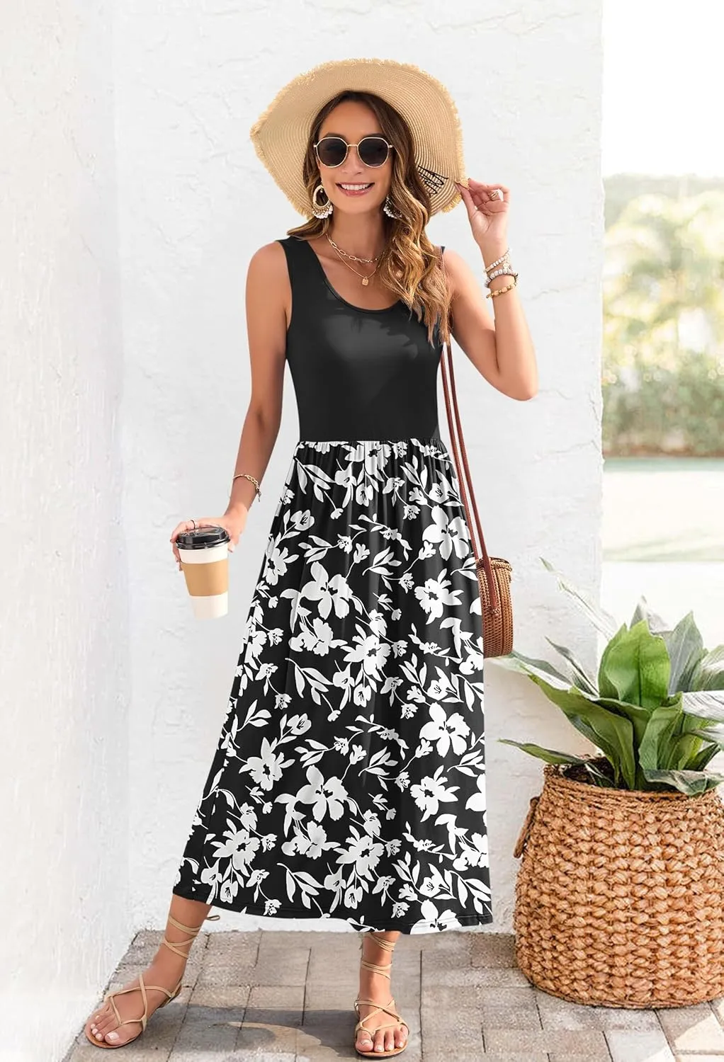 WNEEDU Women's Summer Maxi Dress 2025 Casual Sleeveless Hawaiian Sundress Tropical Long Dress Beach Vacation Outfit