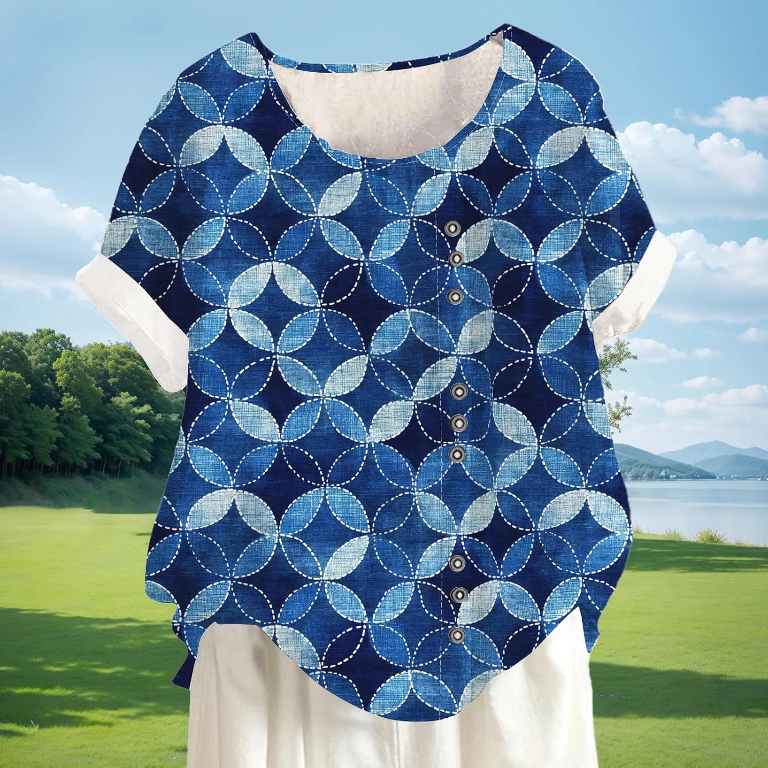 Women Short Sleeve Plant Graphic Shirts Trendy Crewneck Short Sleeve Blouses Summer Button Design Pullover Tops