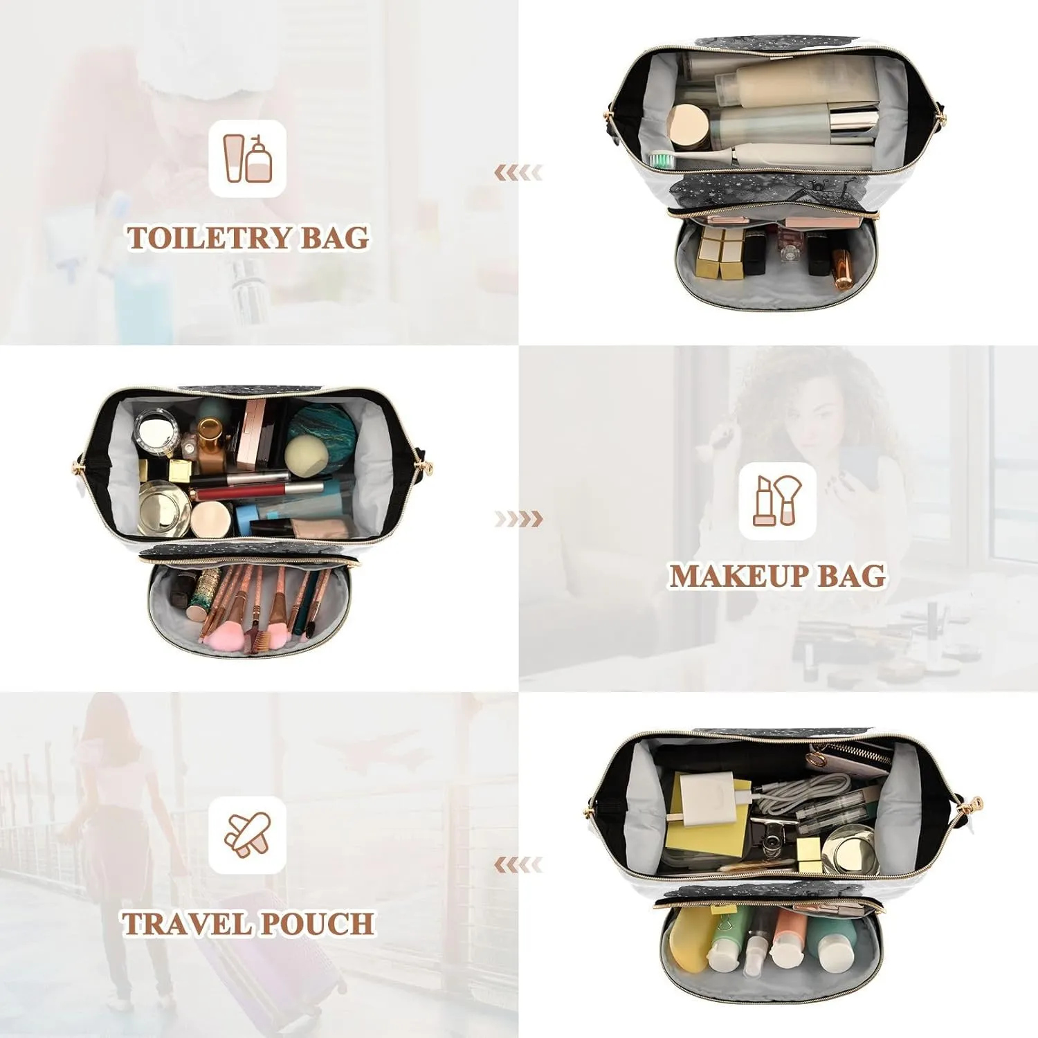 Women Wave Quilt Cosmetic Bag, Zipper Toiletry Storage 10.2x5.9x6.7 in, Pouch Handbag Makeup Case Purse Holder Organizer Print Halloween Old House Tree Pumpkins
