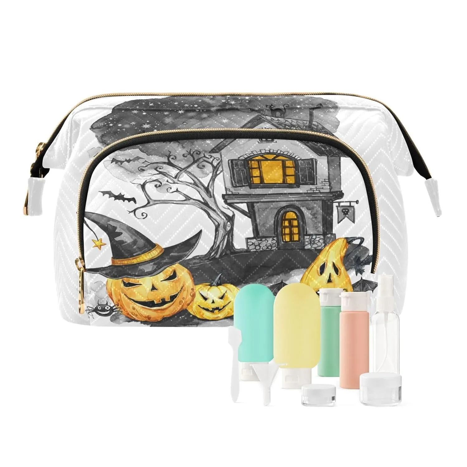 Women Wave Quilt Cosmetic Bag, Zipper Toiletry Storage 10.2x5.9x6.7 in, Pouch Handbag Makeup Case Purse Holder Organizer Print Halloween Old House Tree Pumpkins