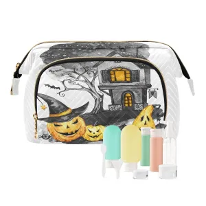 Women Wave Quilt Cosmetic Bag, Zipper Toiletry Storage 10.2x5.9x6.7 in, Pouch Handbag Makeup Case Purse Holder Organizer Print Halloween Old House Tree Pumpkins