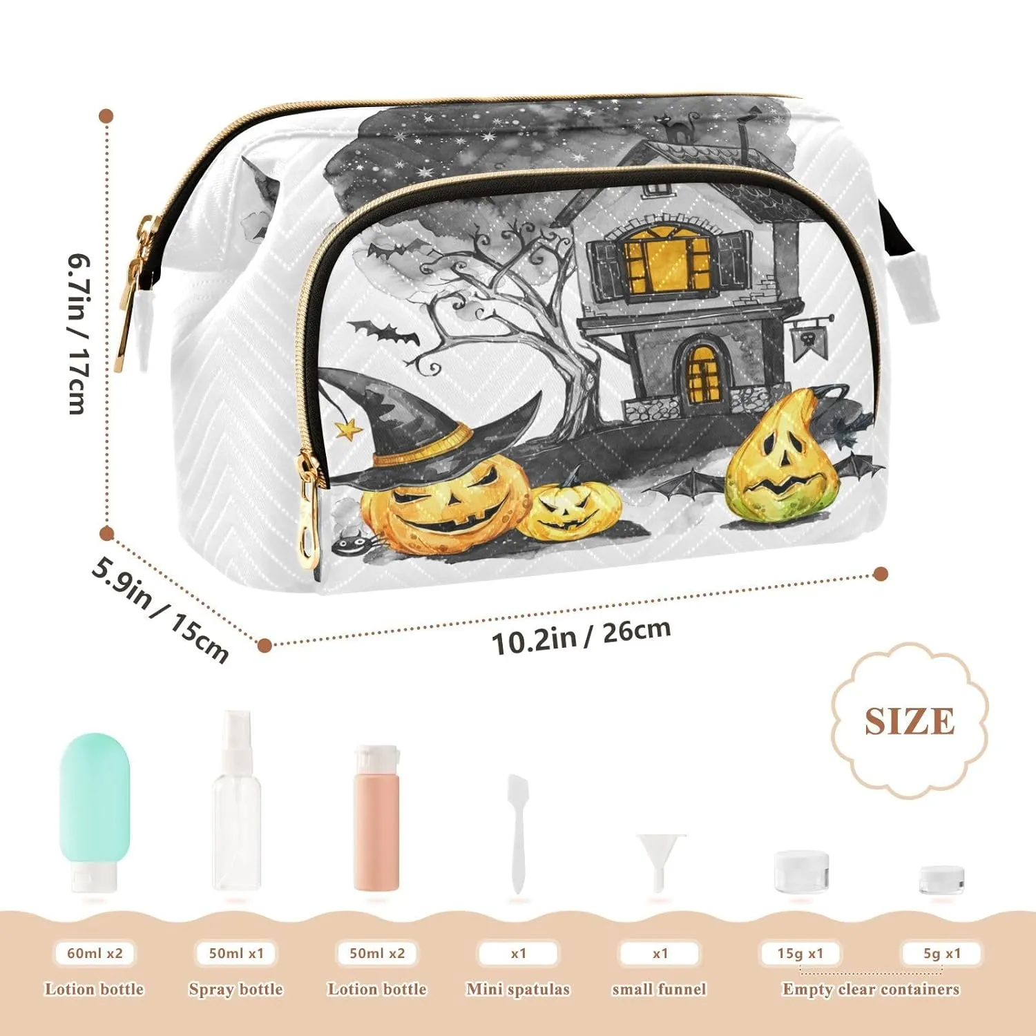 Women Wave Quilt Cosmetic Bag, Zipper Toiletry Storage 10.2x5.9x6.7 in, Pouch Handbag Makeup Case Purse Holder Organizer Print Halloween Old House Tree Pumpkins