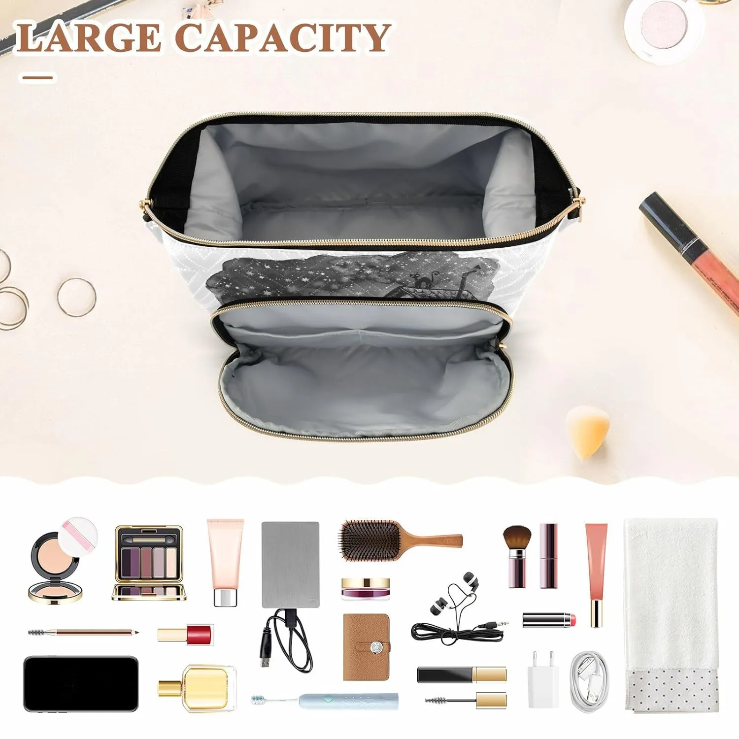 Women Wave Quilt Cosmetic Bag, Zipper Toiletry Storage 10.2x5.9x6.7 in, Pouch Handbag Makeup Case Purse Holder Organizer Print Halloween Old House Tree Pumpkins