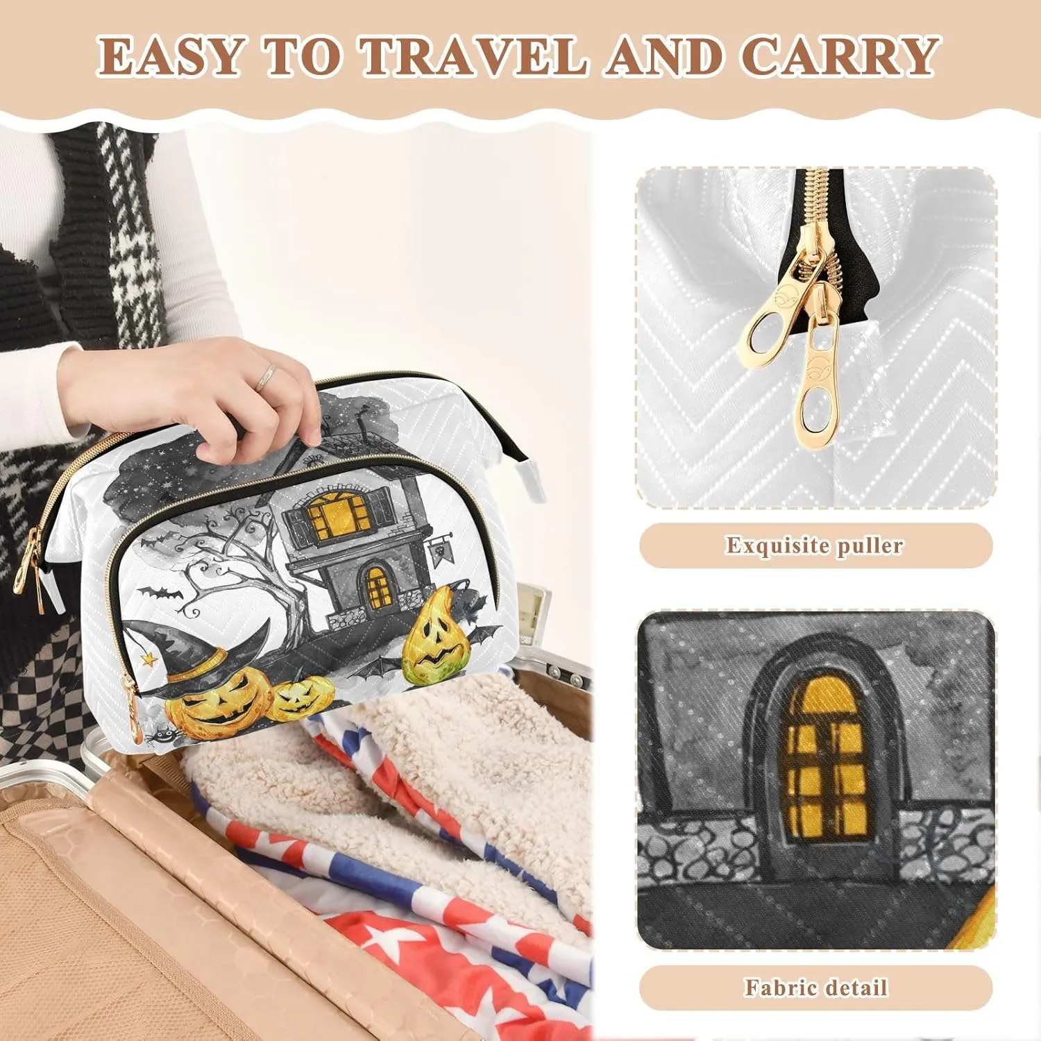Women Wave Quilt Cosmetic Bag, Zipper Toiletry Storage 10.2x5.9x6.7 in, Pouch Handbag Makeup Case Purse Holder Organizer Print Halloween Old House Tree Pumpkins