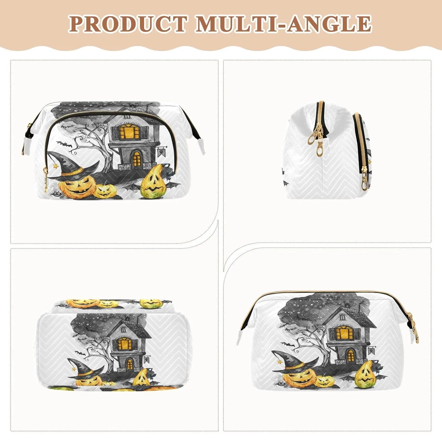 Women Wave Quilt Cosmetic Bag, Zipper Toiletry Storage 10.2x5.9x6.7 in, Pouch Handbag Makeup Case Purse Holder Organizer Print Halloween Old House Tree Pumpkins