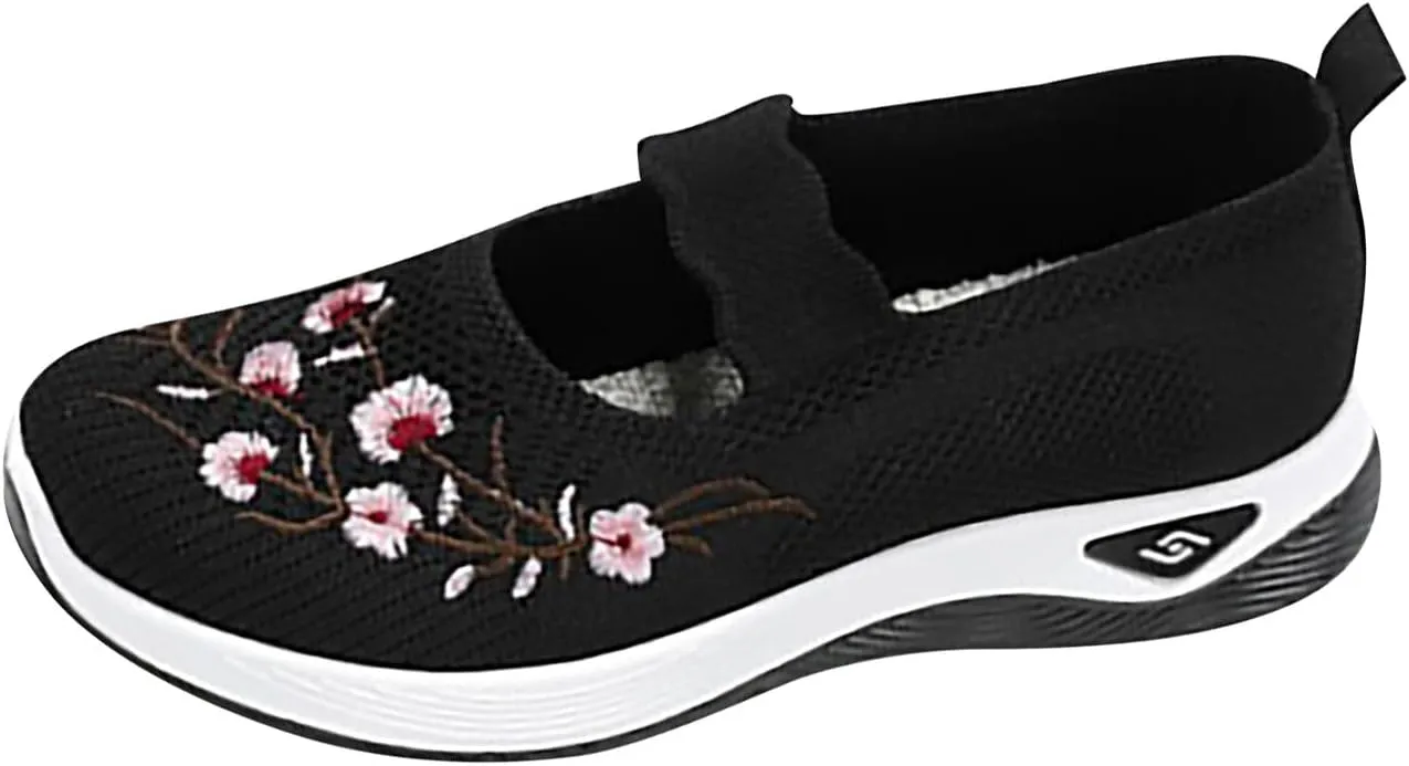 Women Woven Loafers Orthopedic Breathable Soft Shoes Slip On Walking Foam Anti Slip Arch Support Embroidery Sneakers