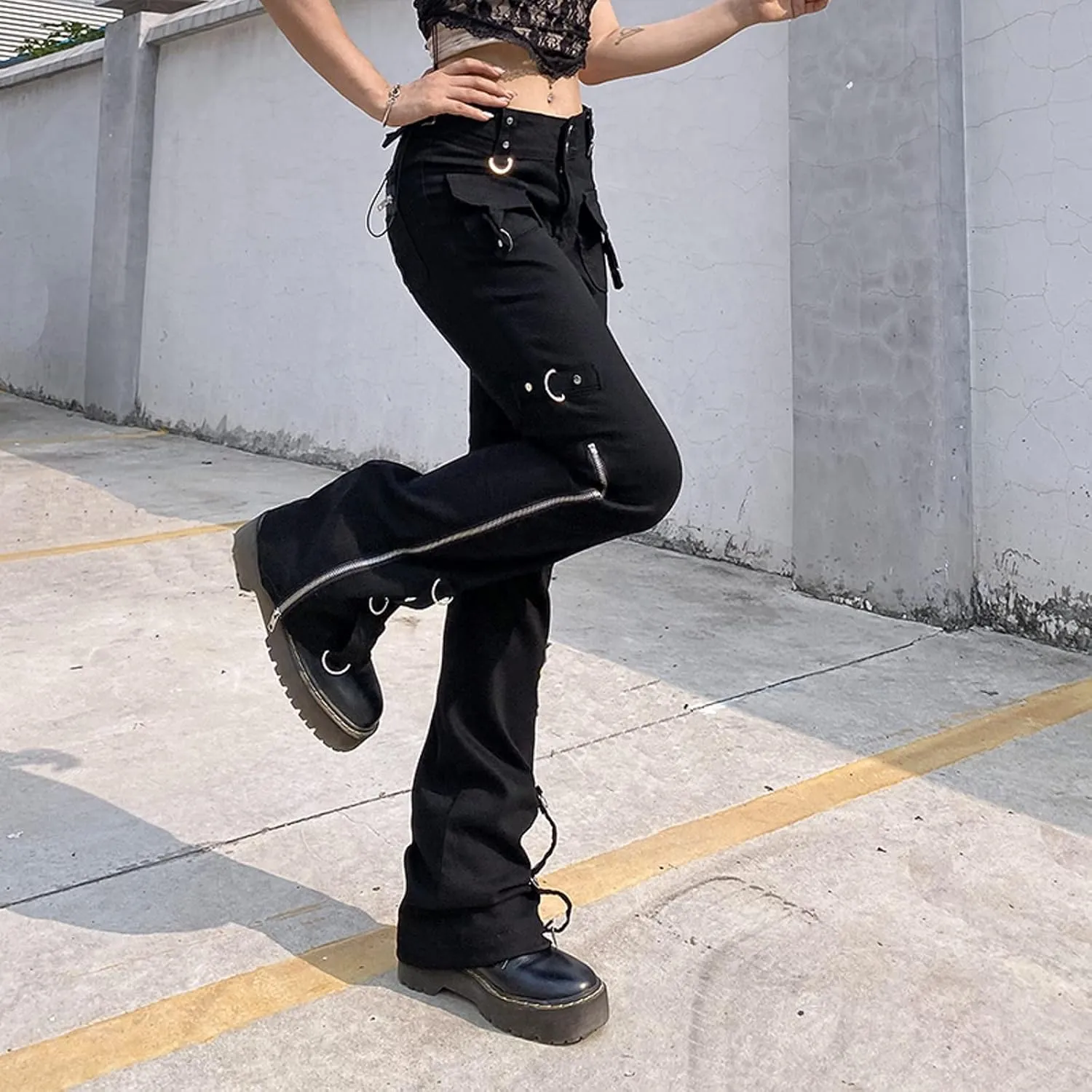 Women Y2K High Waisted Jeans Gothic Baggy Gothic Cargo Jeans Wide Straight Leg Punk Denim Pants Loose Trousers Streetwear