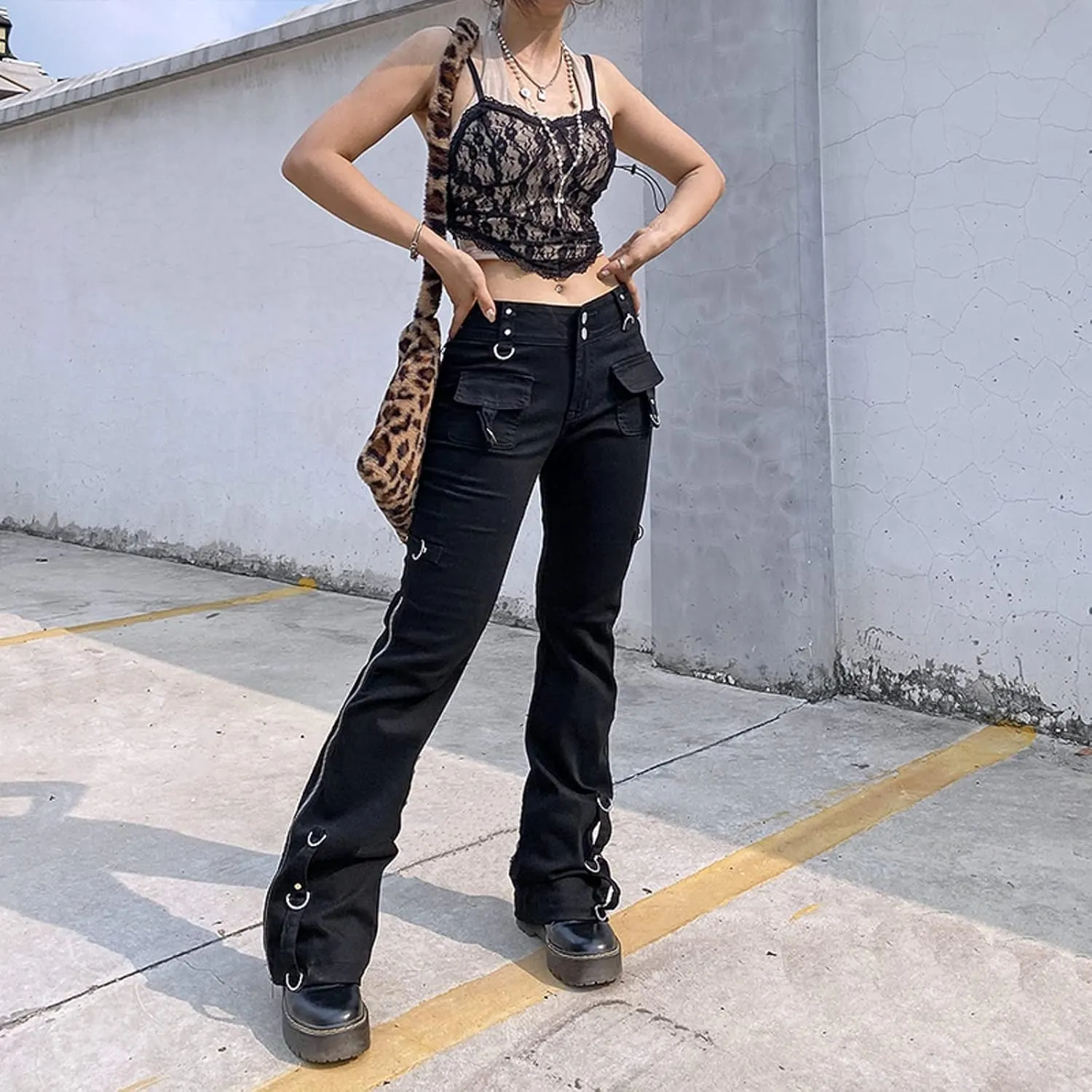 Women Y2K High Waisted Jeans Gothic Baggy Gothic Cargo Jeans Wide Straight Leg Punk Denim Pants Loose Trousers Streetwear
