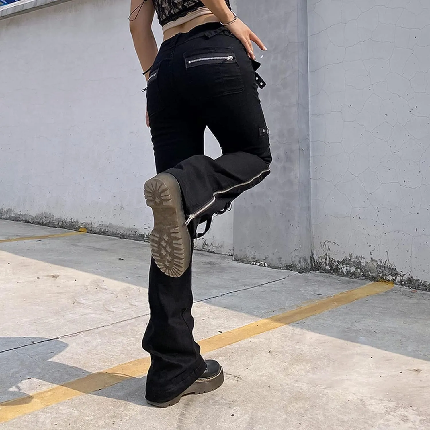 Women Y2K High Waisted Jeans Gothic Baggy Gothic Cargo Jeans Wide Straight Leg Punk Denim Pants Loose Trousers Streetwear