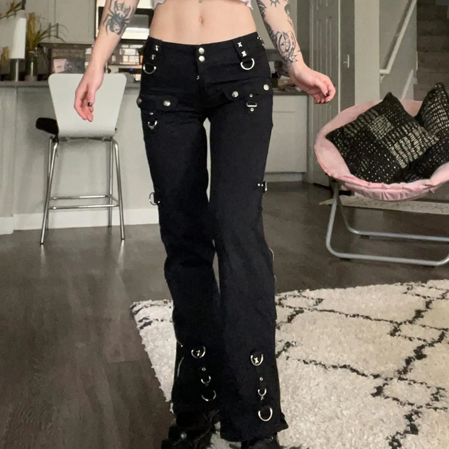 Women Y2K High Waisted Jeans Gothic Baggy Gothic Cargo Jeans Wide Straight Leg Punk Denim Pants Loose Trousers Streetwear
