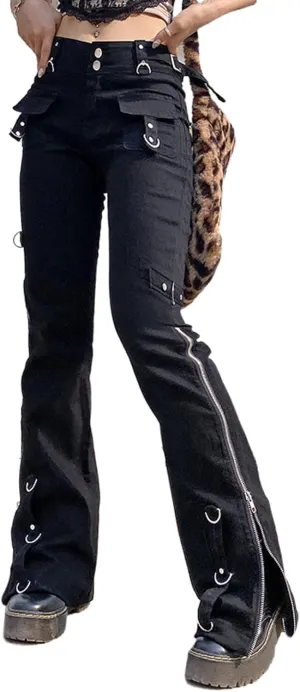 Women Y2K High Waisted Jeans Gothic Baggy Gothic Cargo Jeans Wide Straight Leg Punk Denim Pants Loose Trousers Streetwear