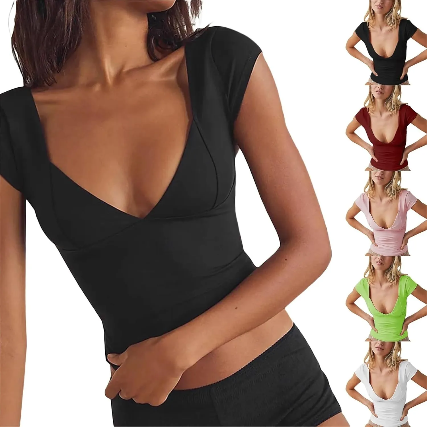 Women's Deep V Neck Off Shoulder T Shirt Simple Sexy Y2k Top Casual Short Sleeve Low Chest Solid Color Slim Vest