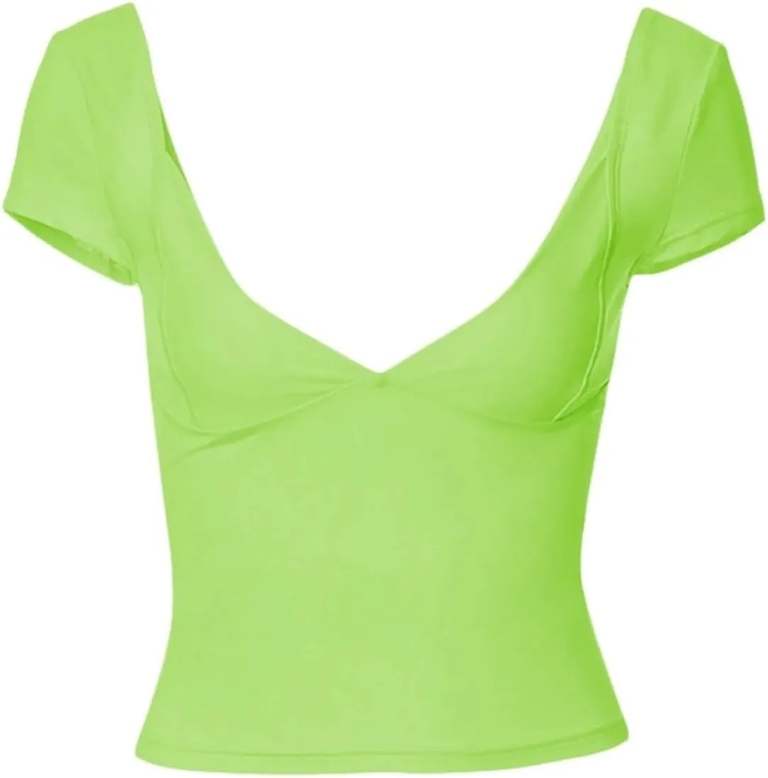 Women's Deep V Neck Off Shoulder T Shirt Simple Sexy Y2k Top Casual Short Sleeve Low Chest Solid Color Slim Vest