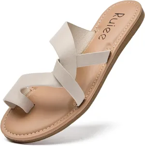 Women's Flat Slides Sandals, Summer Flip Flops Comfort Round Open Toe Slip On Strap Thong Beach Shoes for Women.