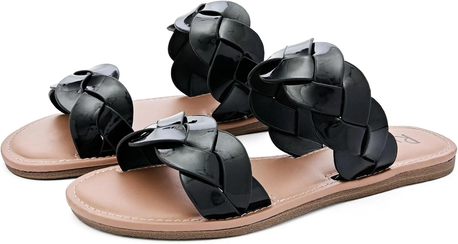 Women's Flat Slides Sandals, Summer Slippers Comfortable Braided Strap Round Open Toe Casual Beach Shoes for Women.