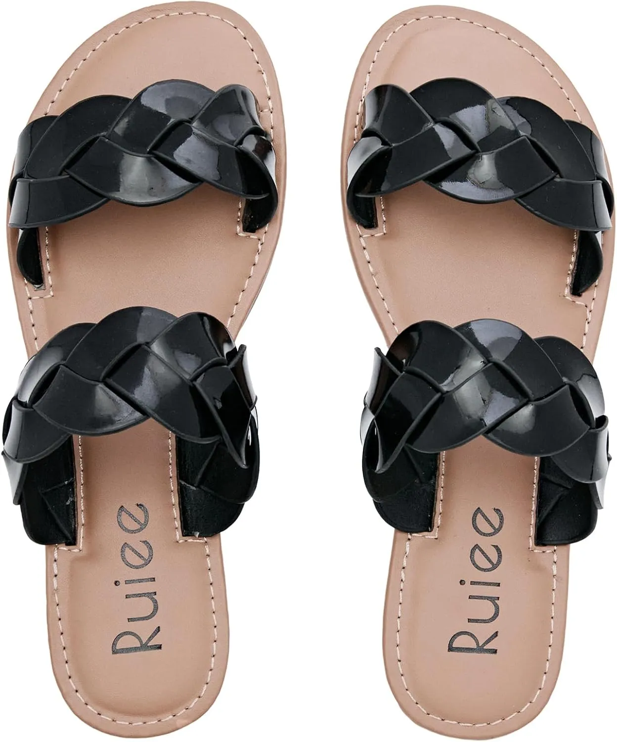 Women's Flat Slides Sandals, Summer Slippers Comfortable Braided Strap Round Open Toe Casual Beach Shoes for Women.