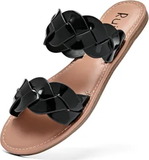 Women's Flat Slides Sandals, Summer Slippers Comfortable Braided Strap Round Open Toe Casual Beach Shoes for Women.