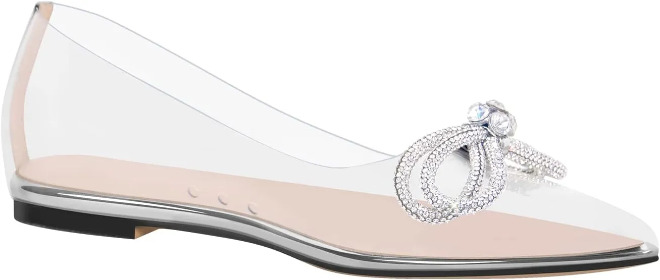 Women's Flats with Rhinestone Bow Pointed Toe Flats for Women Clear Flat