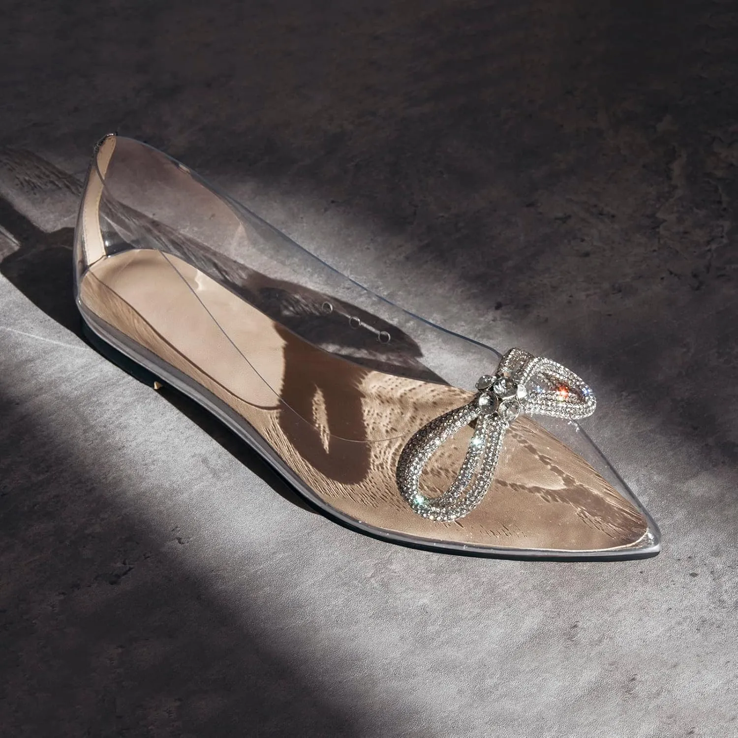 Women's Flats with Rhinestone Bow Pointed Toe Flats for Women Clear Flat