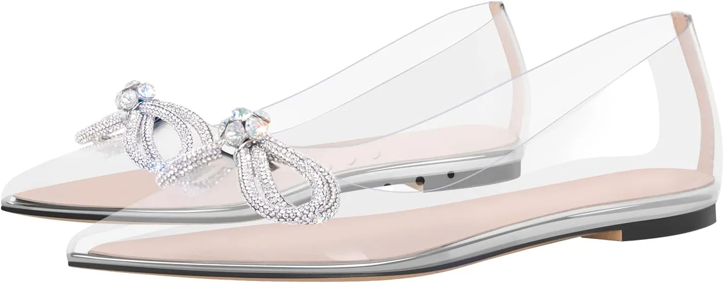 Women's Flats with Rhinestone Bow Pointed Toe Flats for Women Clear Flat