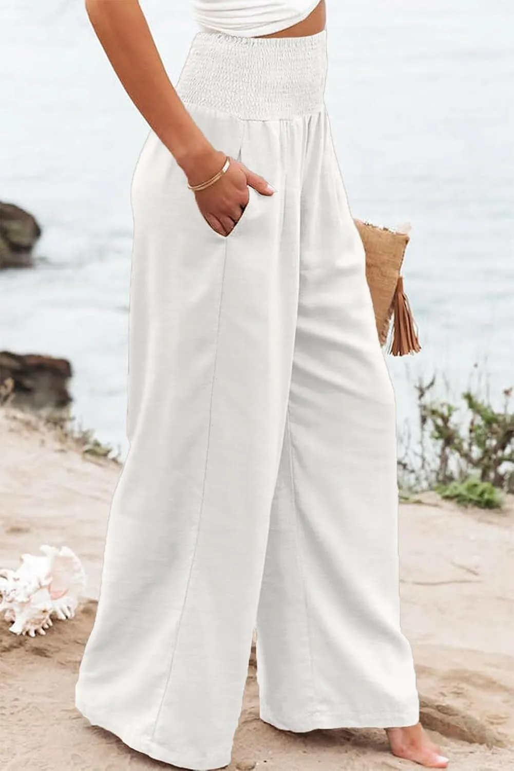 Womens High Waisted Wide Leg Palazzo Pants Casual Lounge Boho Flowy Pants with Pockets