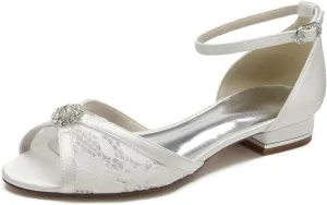 Women's Lace Ankle Strap Wedding Dress Shoes for Bride Peep Toe Toe Bridal Flats Comfortable Formal Prom Party Sandals