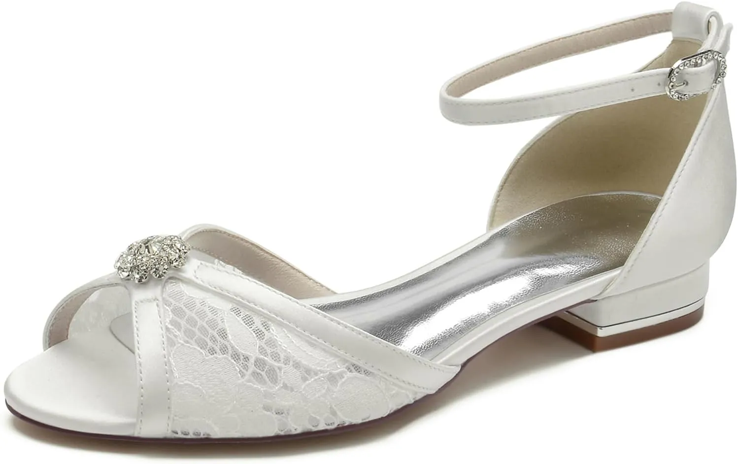 Women's Lace Ankle Strap Wedding Dress Shoes for Bride Peep Toe Toe Bridal Flats Comfortable Formal Prom Party Sandals